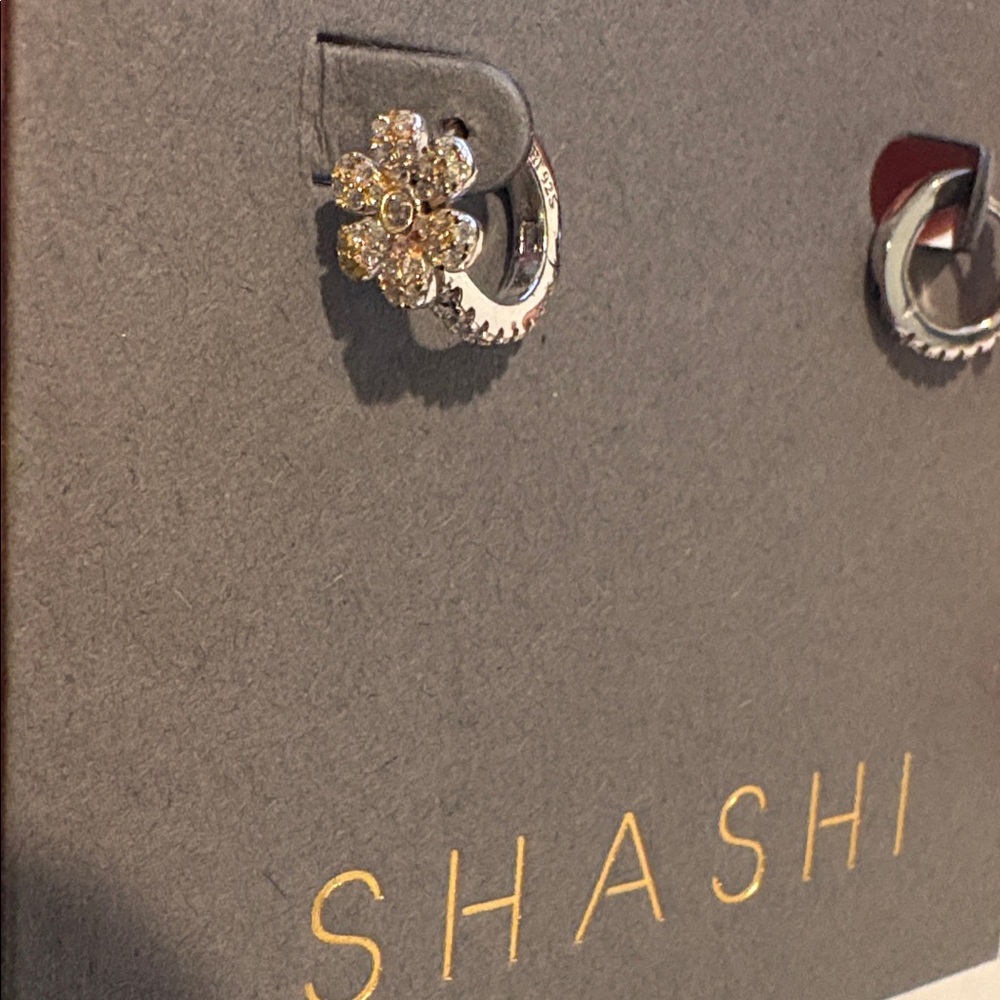 SHASHI Silver Plated Pave Floral Huggie Petite Earrings - Picture 3 of 8